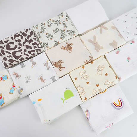 Cotton Cartoon Print Double-layer Crepe Double-layer Gauze Baby Bear Pajamas Blankets Saliva Towels and Sleeping Bag Fabrics